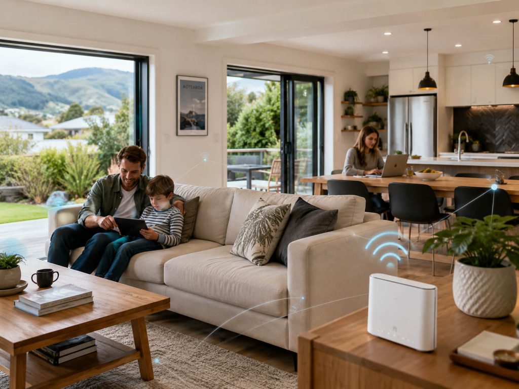 New Zealand family using connected devices at home with fibre broadband